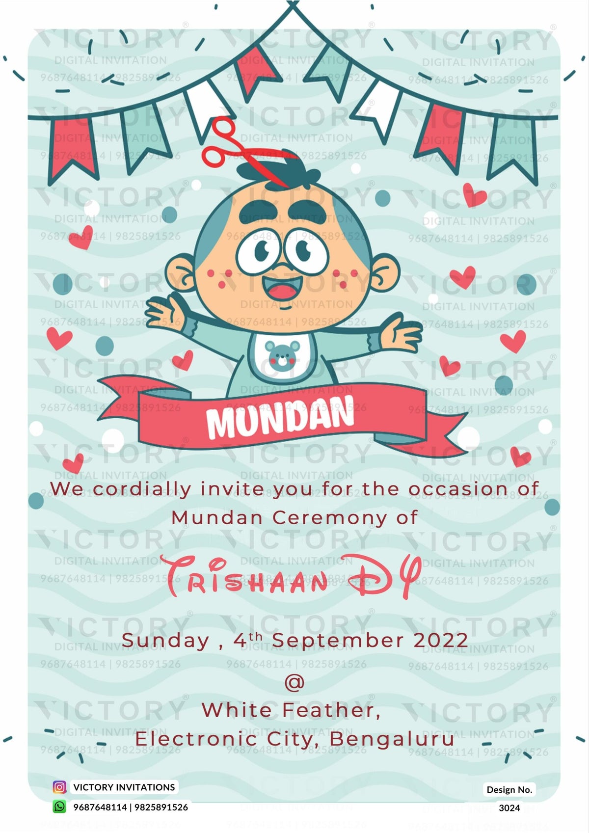 Digital Mundan Ceremony Invitation Of South Indian Family In English Language With Pastel Blue and Red Disney Theme Design No. 3024