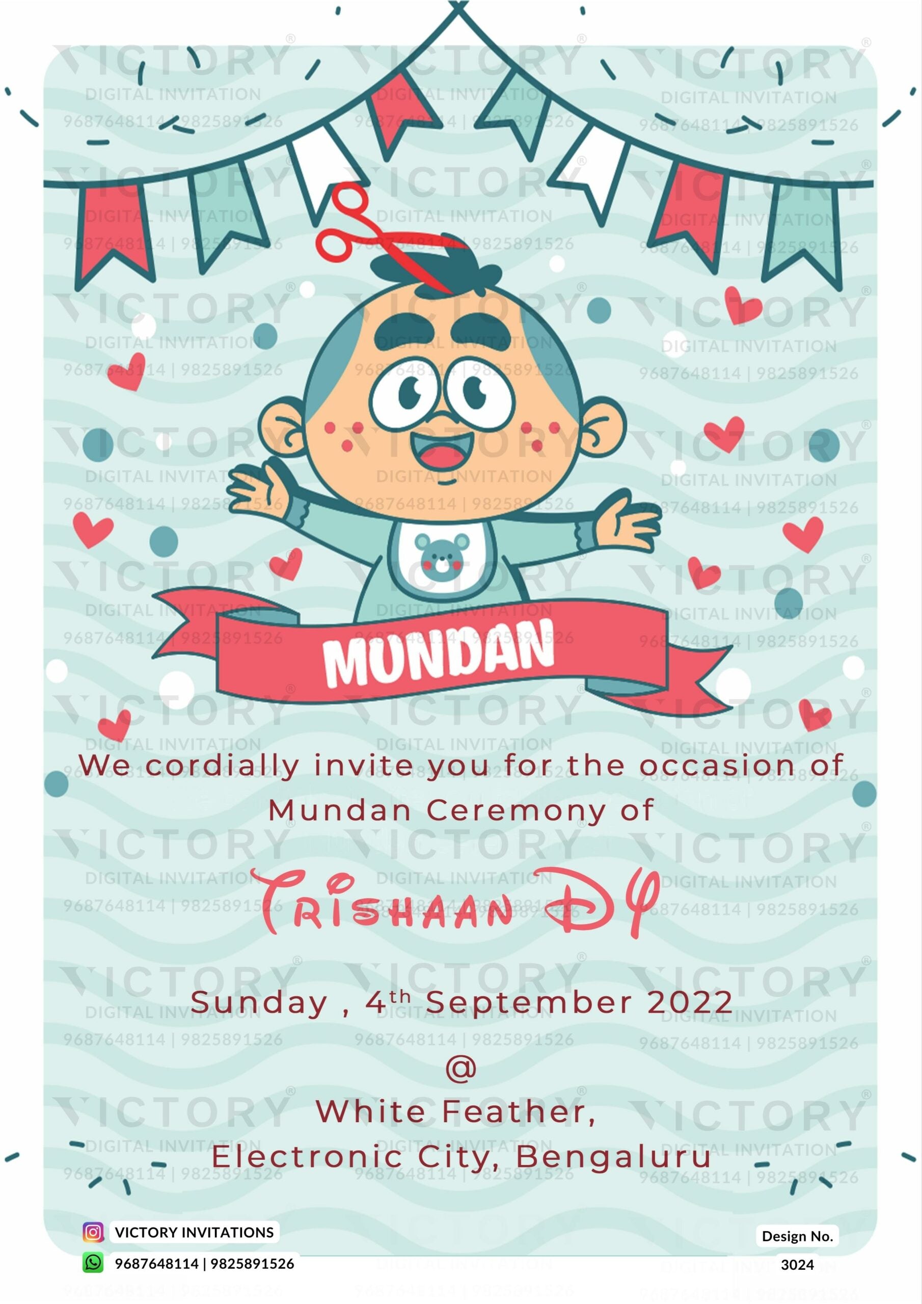 Digital Mundan Ceremony Invitation Of South Indian Family In English Language With Pastel Blue and Red Disney Theme Design No. 3024