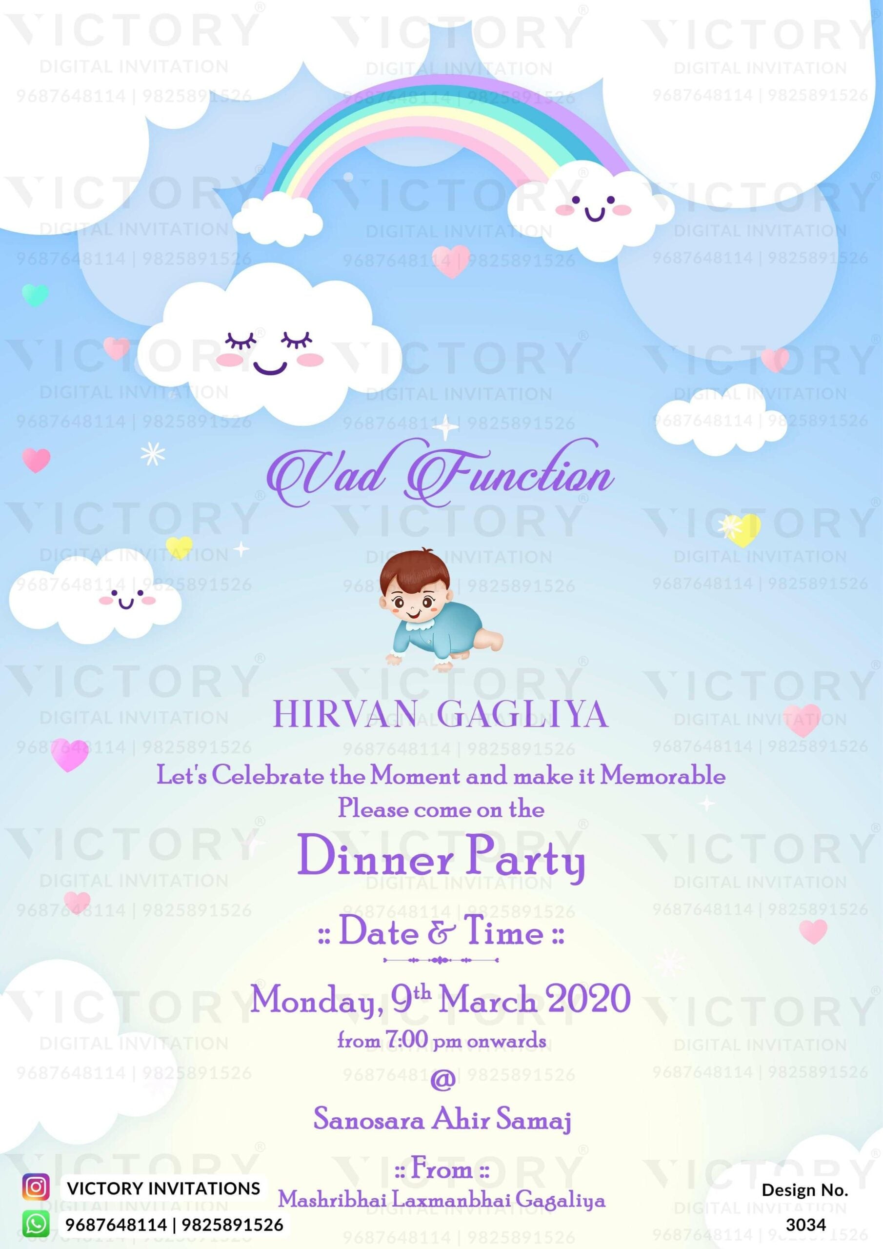 Vad Ceremony invitation card in english language with cloud, baby doodle as rainbow theme design 3034