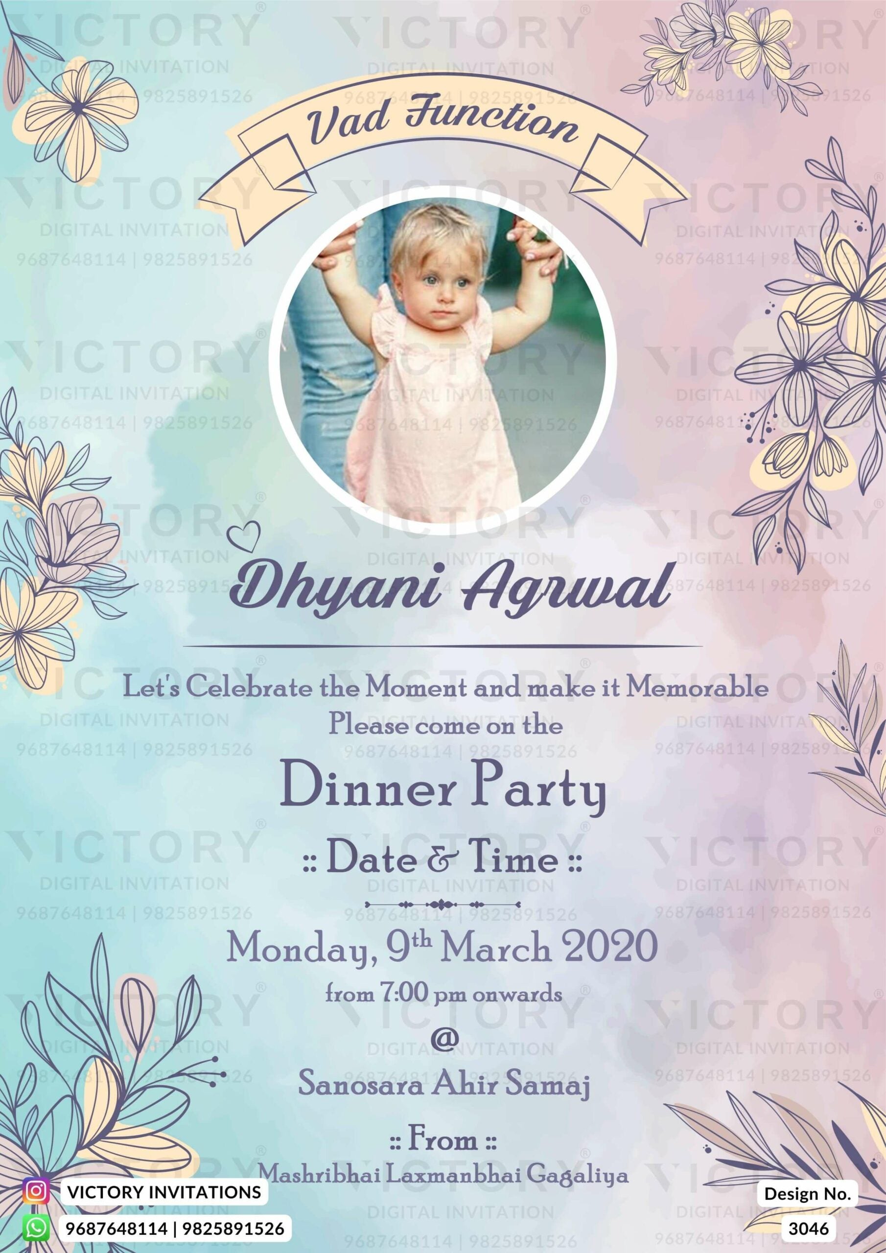 Vad Ceremony invitation card in english language with baby image as artistic floral theme design 3046