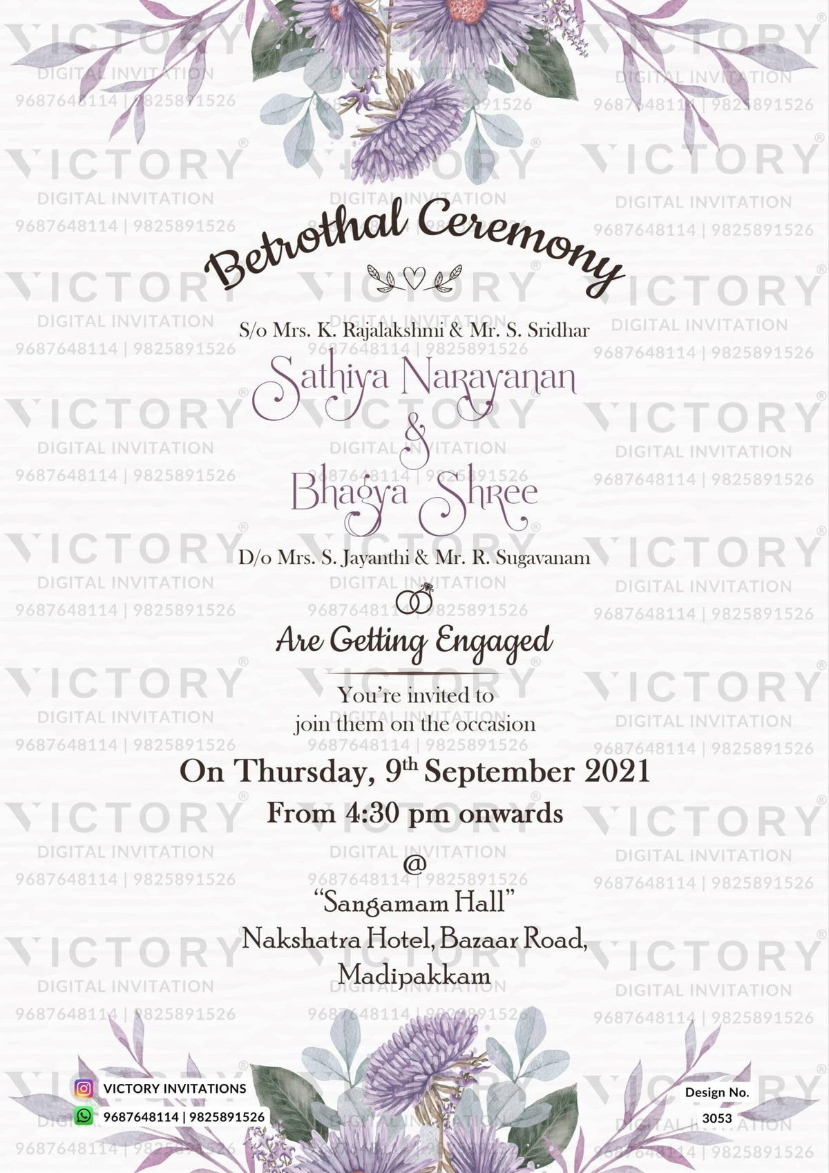 Betrothal ceremony invitation card for Catholic family in english language with flowers as floral theme design 3053