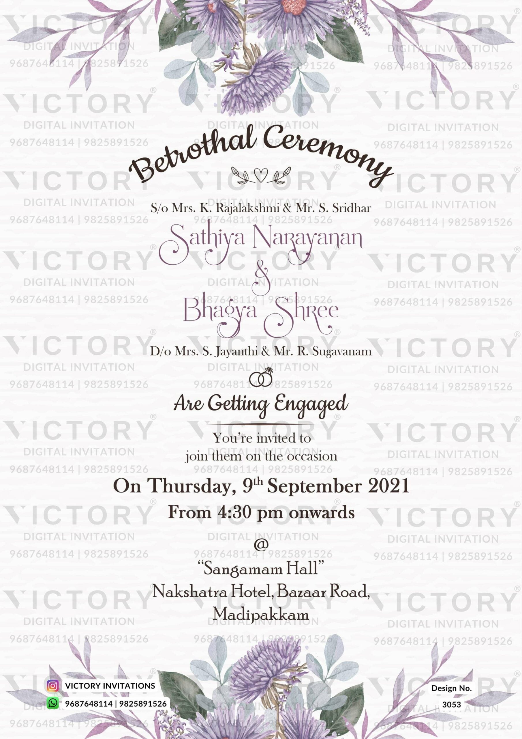 Betrothal ceremony invitation card for Catholic family in english language with flowers as floral theme design 3053