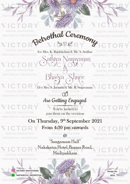 Betrothal ceremony invitation card for Catholic family in english language with flowers as floral theme design 3053