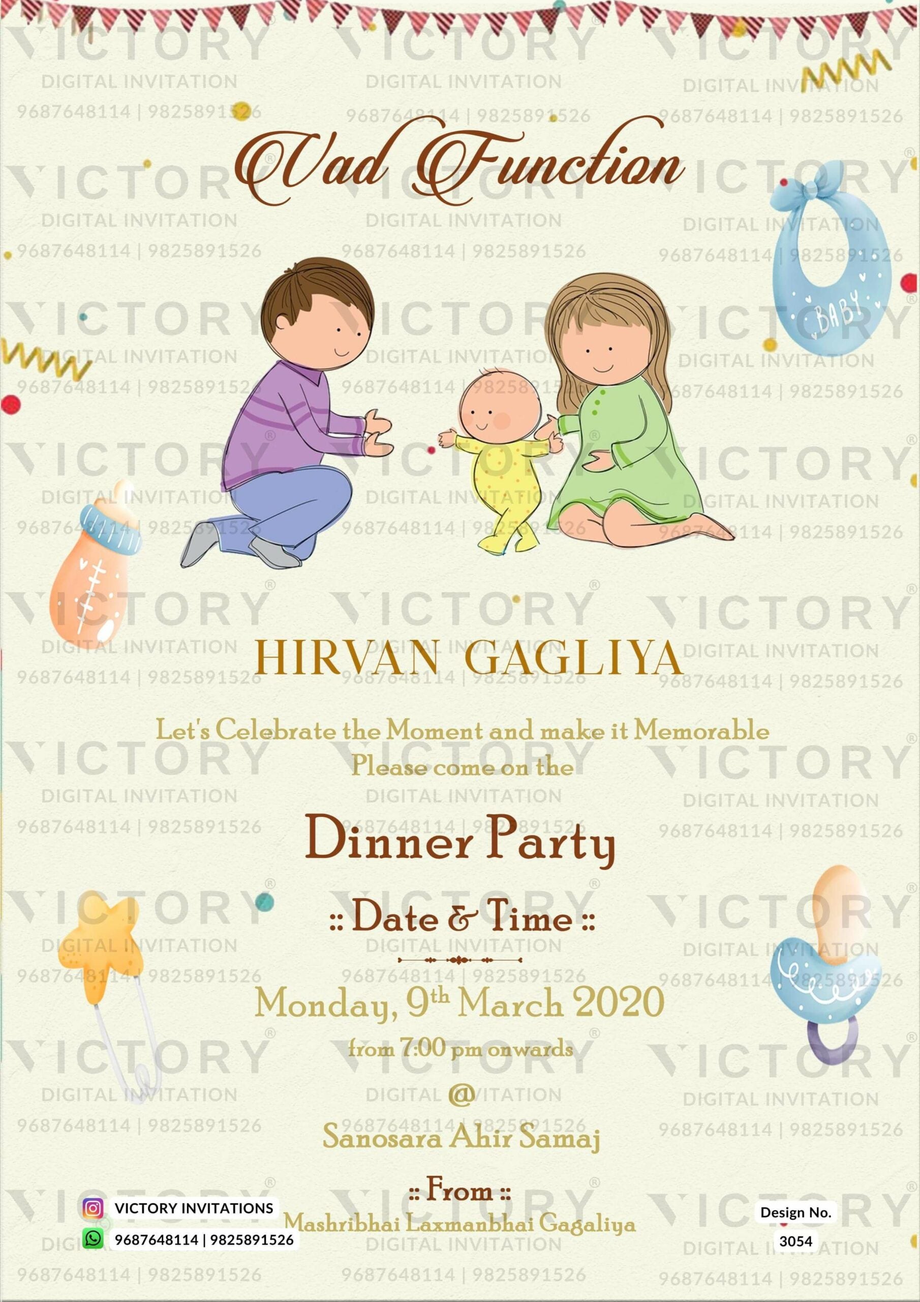 Vad Ceremony invitation card in english language with doodle, toys as playful theme design 3054