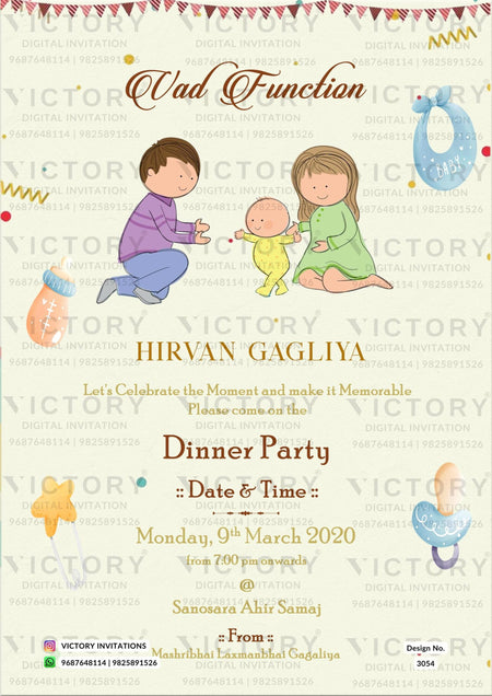 Vad Ceremony invitation card in english language with doodle, toys as playful theme design 3054