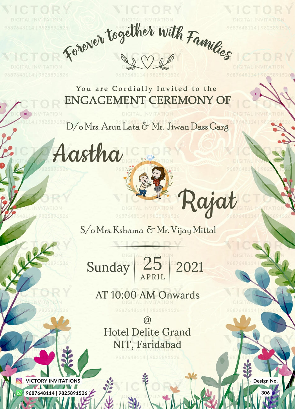 Engagement ceremony invitation card in english language with couple doodle as artistic leaves theme design 306