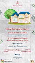 House Warming ceremony invitation card in english language with house, diya as minimalistic theme design 3063
