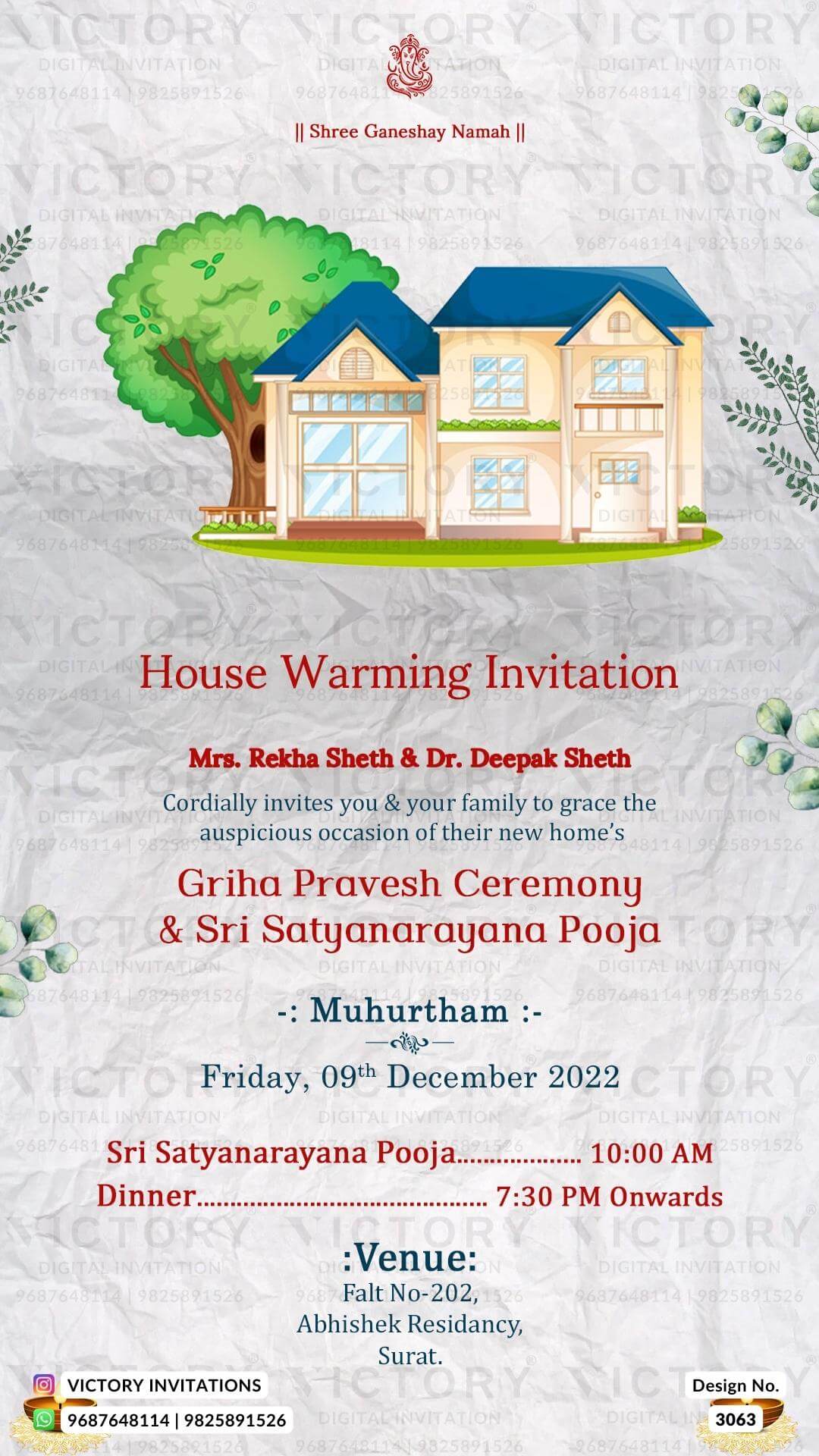 House Warming ceremony invitation card in english language with house, diya as minimalistic theme design 3063