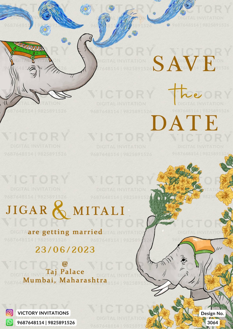 Wedding ceremony invitation card of hindu maharashtrian marathi family in english language with elephant theme design 3064