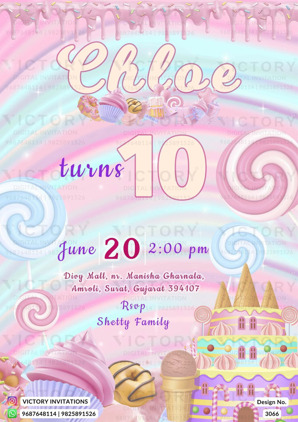 Birthday party invitation card in English language with candy theme design 3066