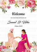 Reception Welcome Standee design in english language with couple doodle, leaves as floral theme design 3067
