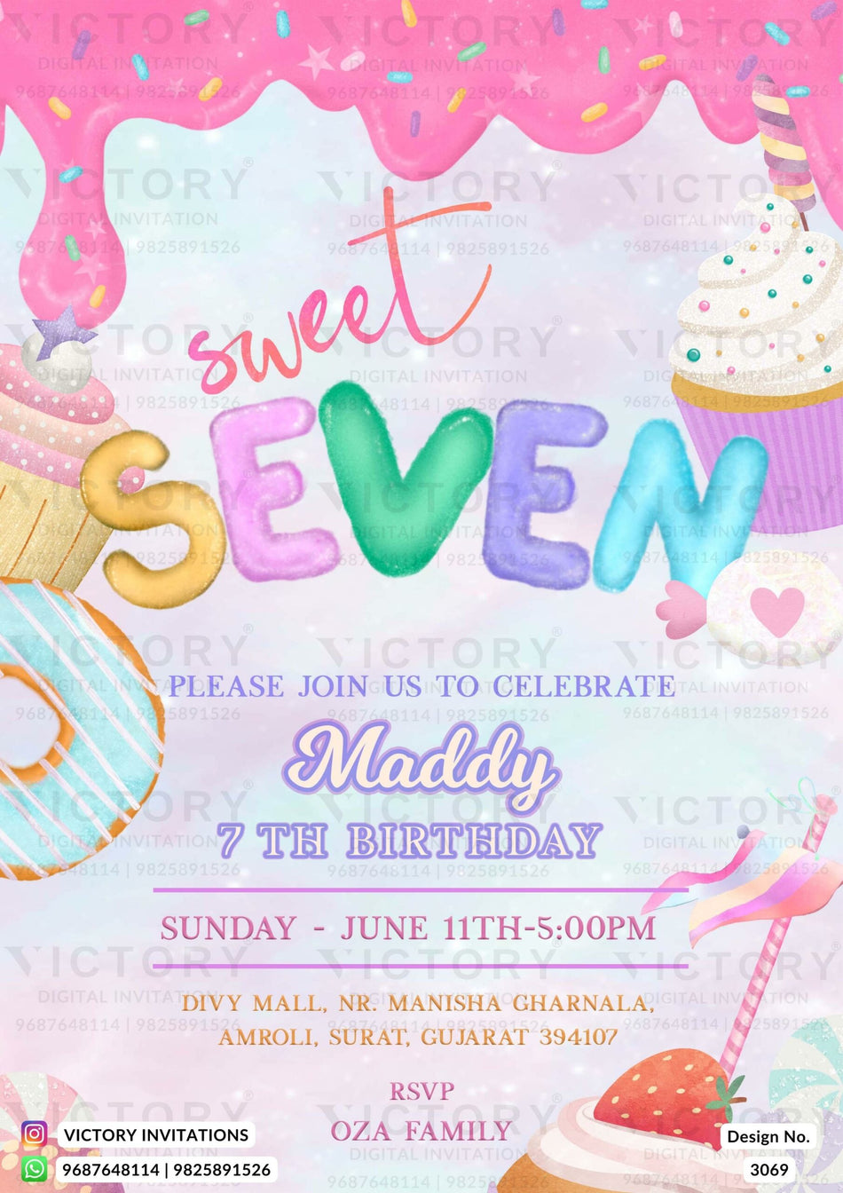 Birthday party invitation card in English language with candy theme design 3069