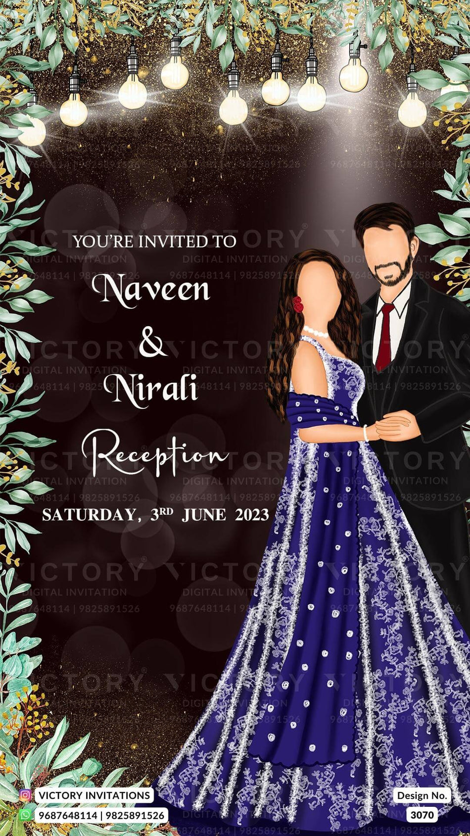 Reception Party invitation card in english language with romantic couple doodle as artistic leaves theme design 3070