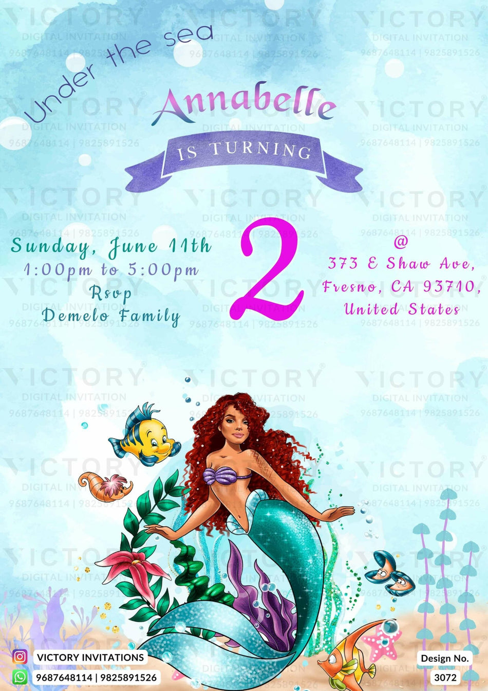 Birthday party invitation card for girl in English language with Under the Sea theme design 3072