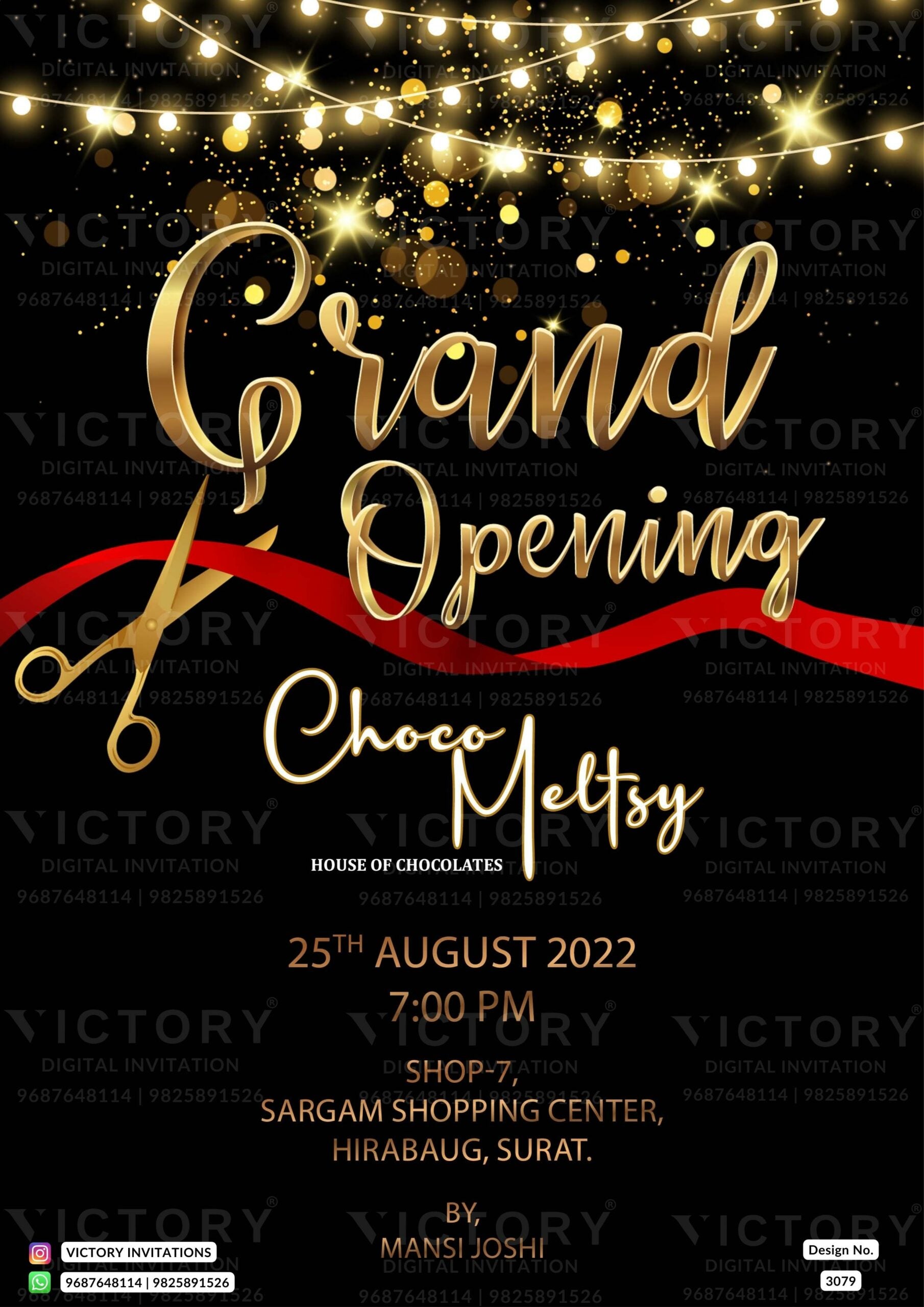 Opening invitation card in english language with lights, ribin as glittery theme design 3079