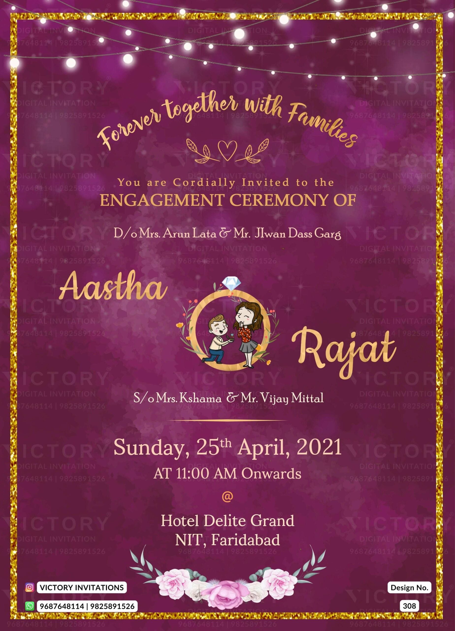 Engagement ceremony invitation card in english language with string light as glittery frame theme design 308