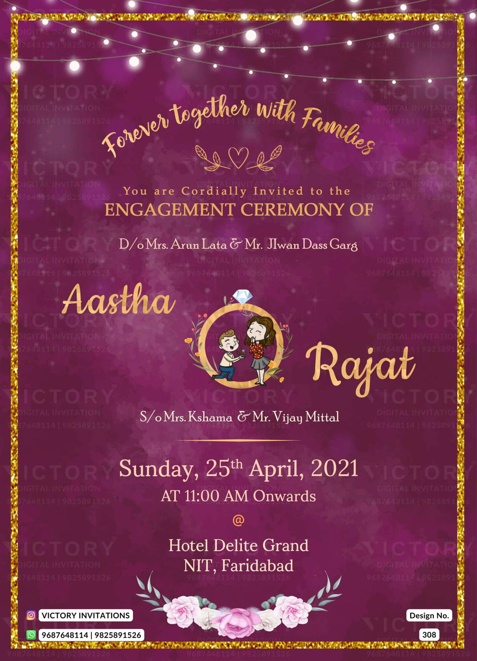 Engagement ceremony invitation card in english language with string light as glittery frame theme design 308
