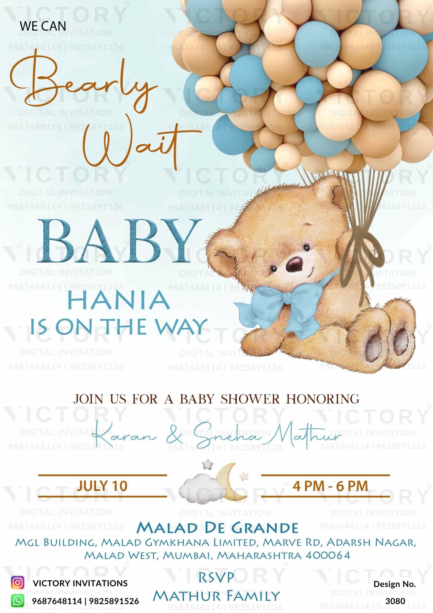 Baby Shower ceremony invitation card in english language with teddy, balloon as cartoonish theme design 3080