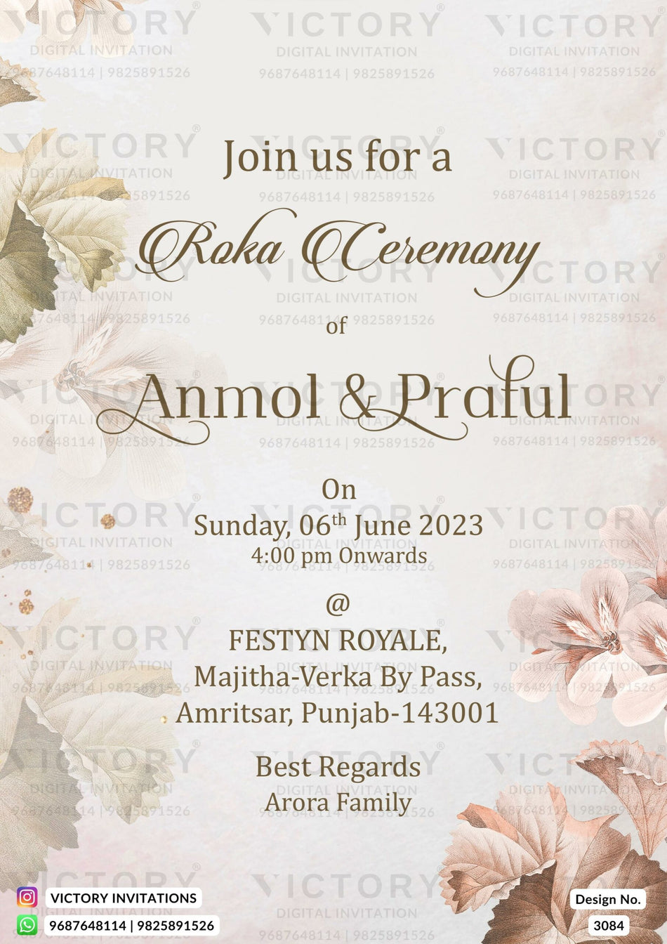 Roka ceremony invitation card for Punjabi family in english language with flowers as floral theme design 3084