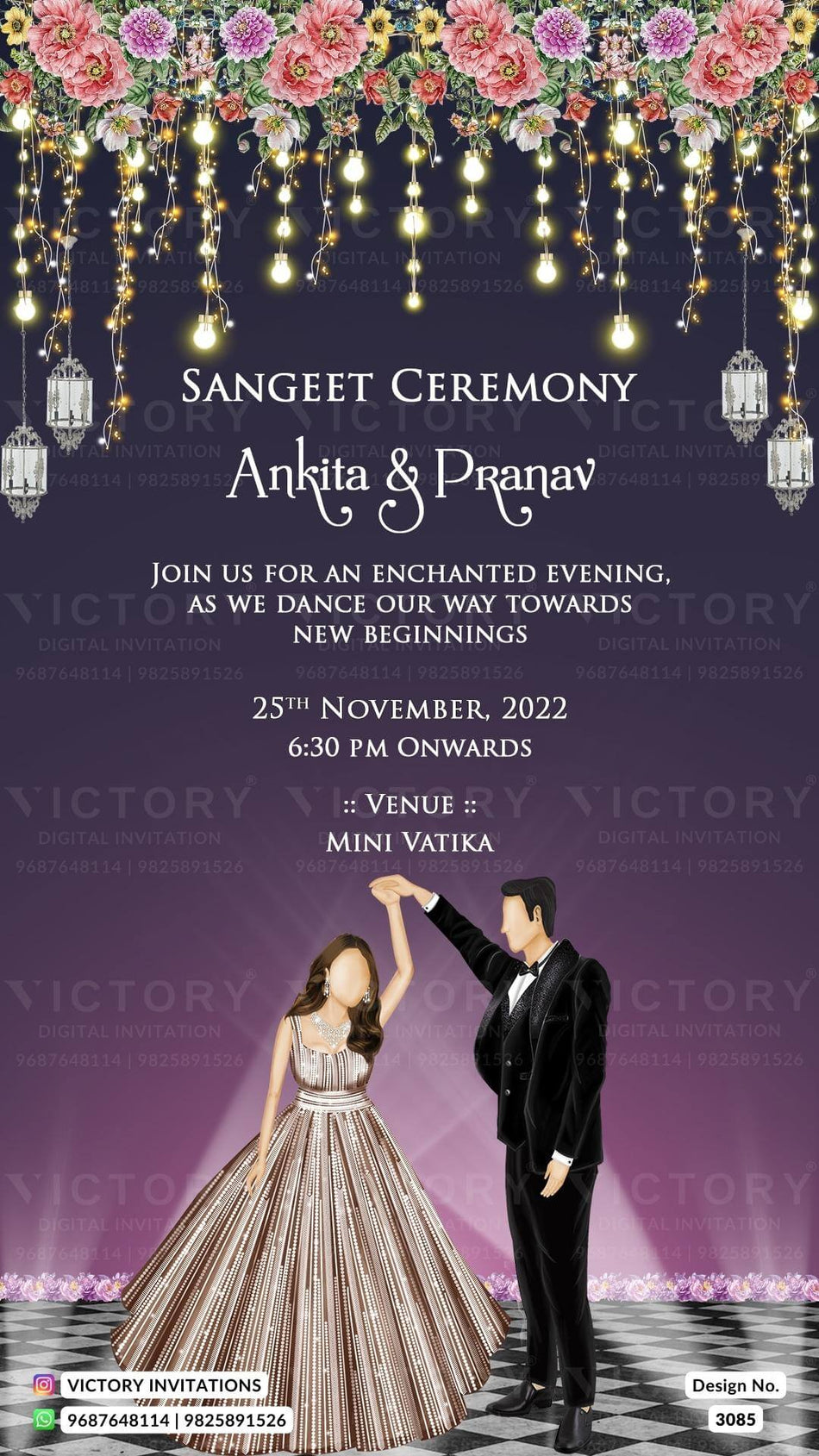 Sangeet Sandhya Ceremony invitation card in english language with flowers, couple doodle as floral theme design 3085