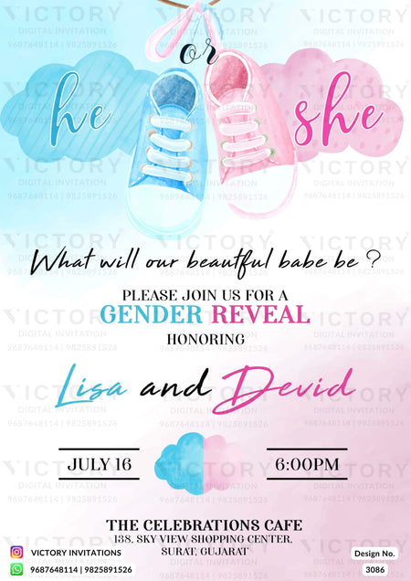 Gender Reveal Party invitation card in english language with shoes as minimalistic theme design 3086