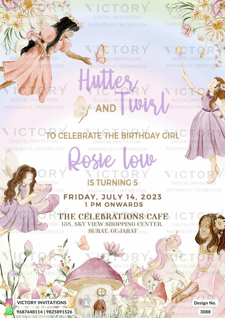Birthday party invitation card for girl in English language with fairy theme design 3088