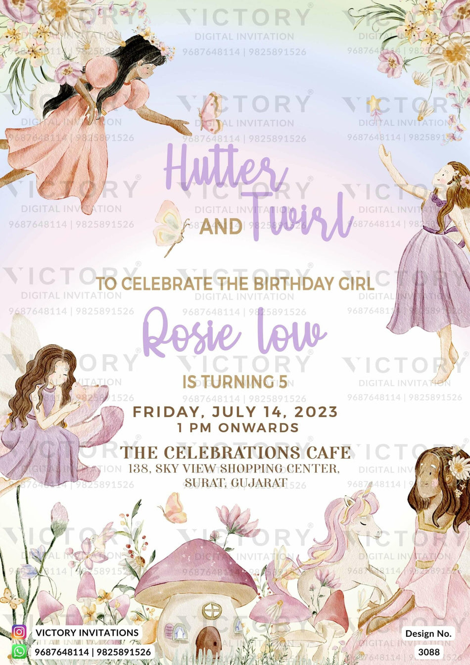 Birthday party invitation card for girl in English language with fairy theme design 3088