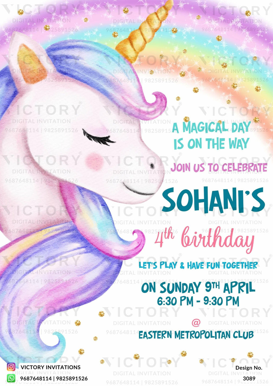 Birthday party invitation card for girl in English language with unicorn as rainbow theme design 3089