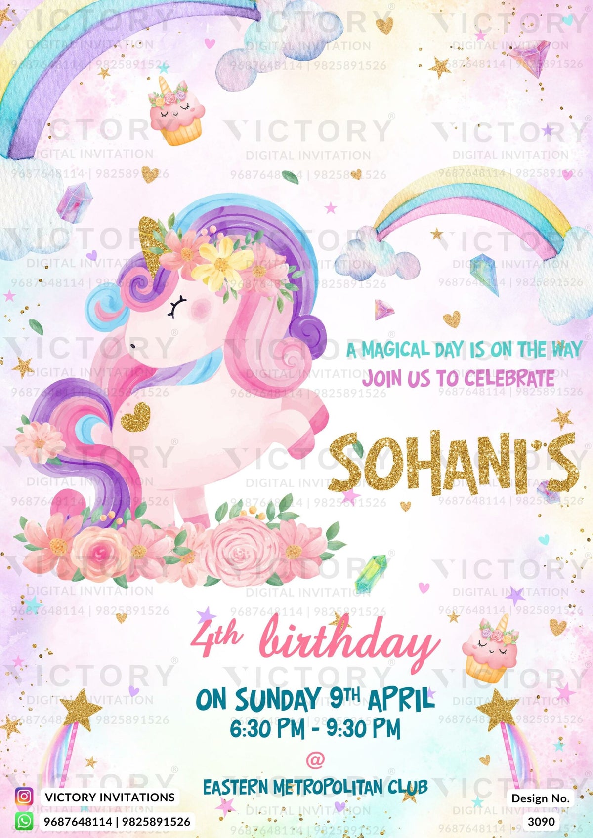 Birthday party invitation card for girl in English language with unicorn theme design 3090