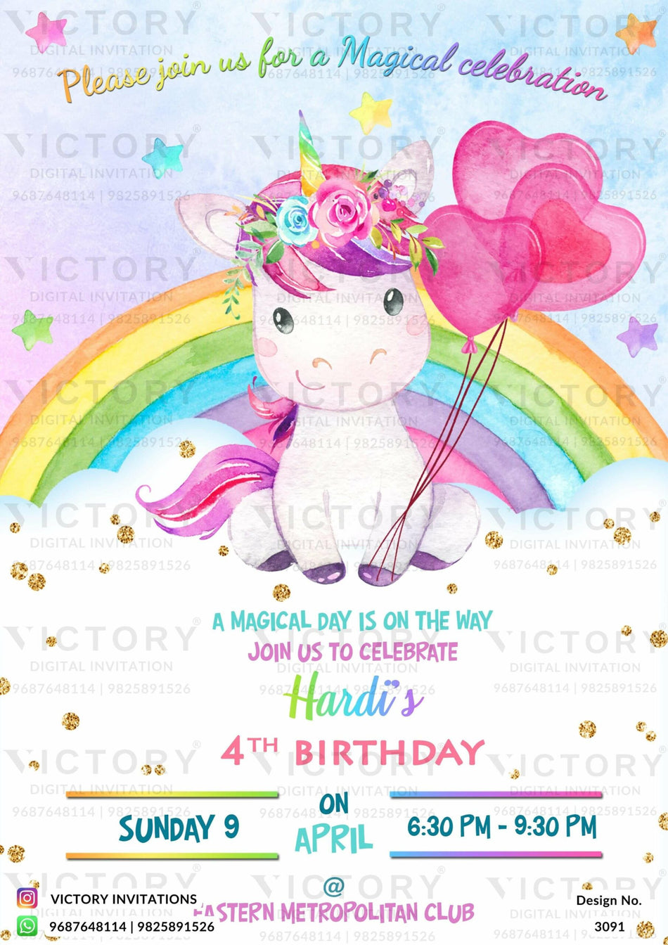 Birthday party invitation card for girl in English language with unicorn theme design 3091