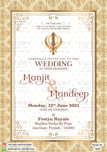 Wedding ceremony invitation card of hindu punjabi sikh family in english language with vintage theme design 3093