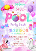 Pool Party invitation card in english language with flamingo, balloons as playful theme design 3094