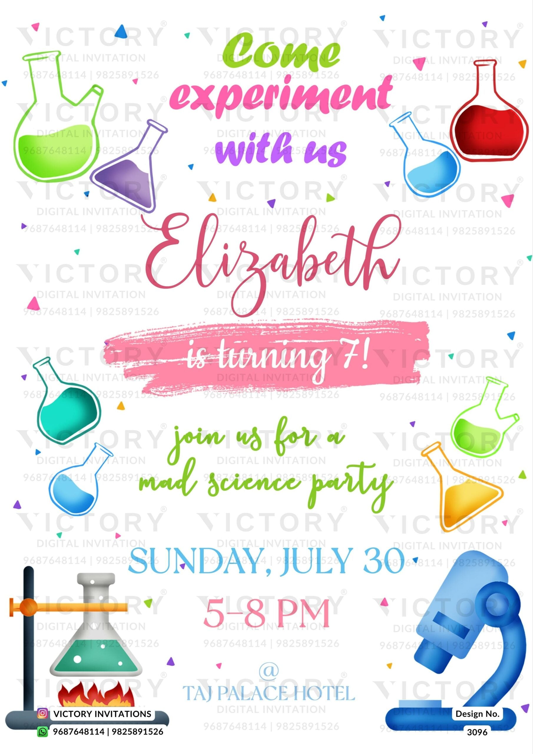 Birthday party invitation card in English language with scientific theme design 3096