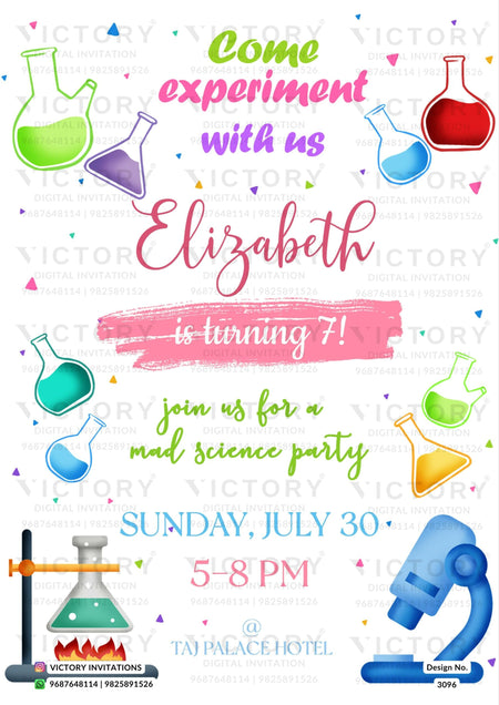 Birthday party invitation card in English language with scientific theme design 3096