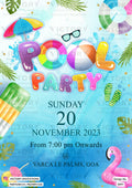 Pool Party invitation card in english language with flamingo, boho leaves as elegant theme design 3097