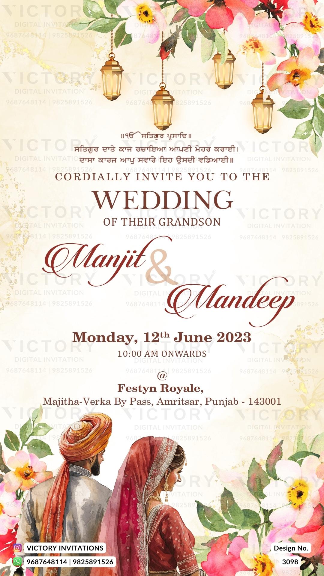 Wedding ceremony invitation card of hindu punjabi sikh family in English language with floral theme design 3098