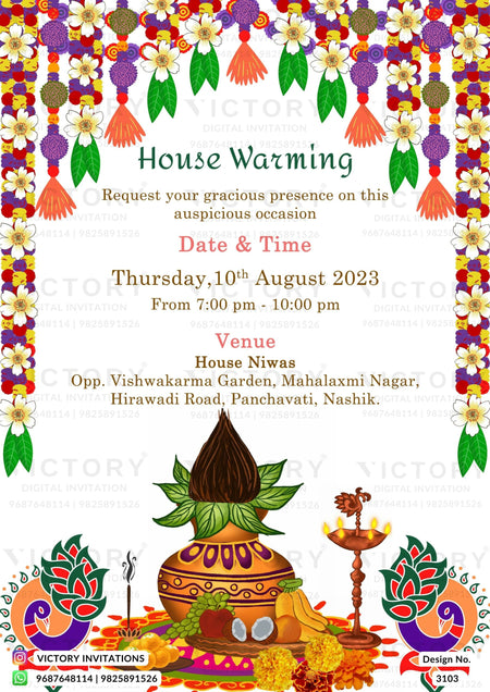 House Warming ceremony invitation card in english language with kalash as floral theme design 3103