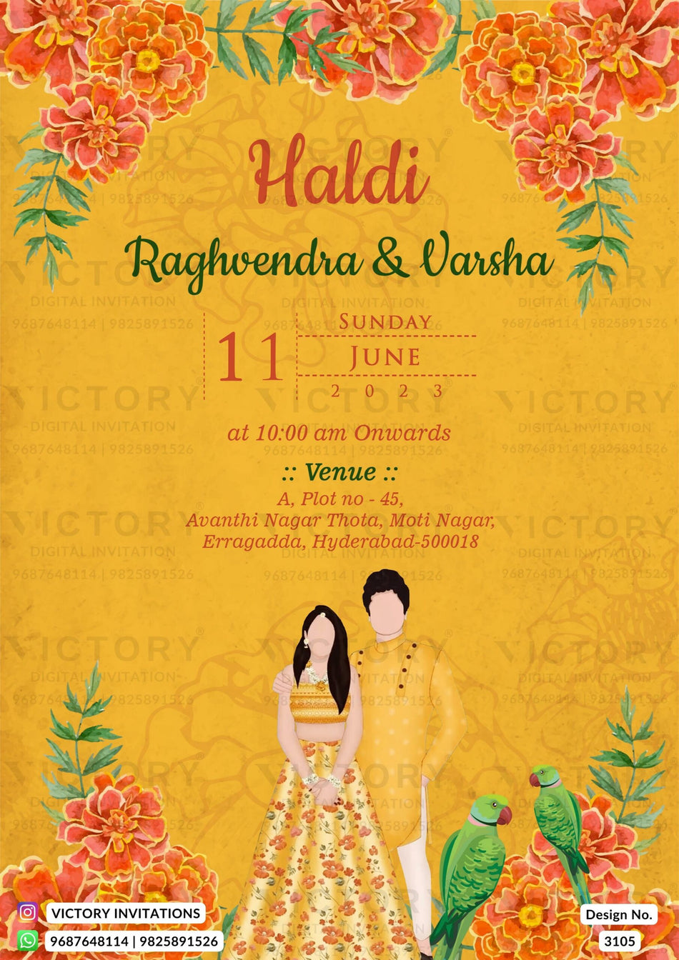 Haldi ceremony invitation card in english language with couple doodle, flowers as floral theme design 3105