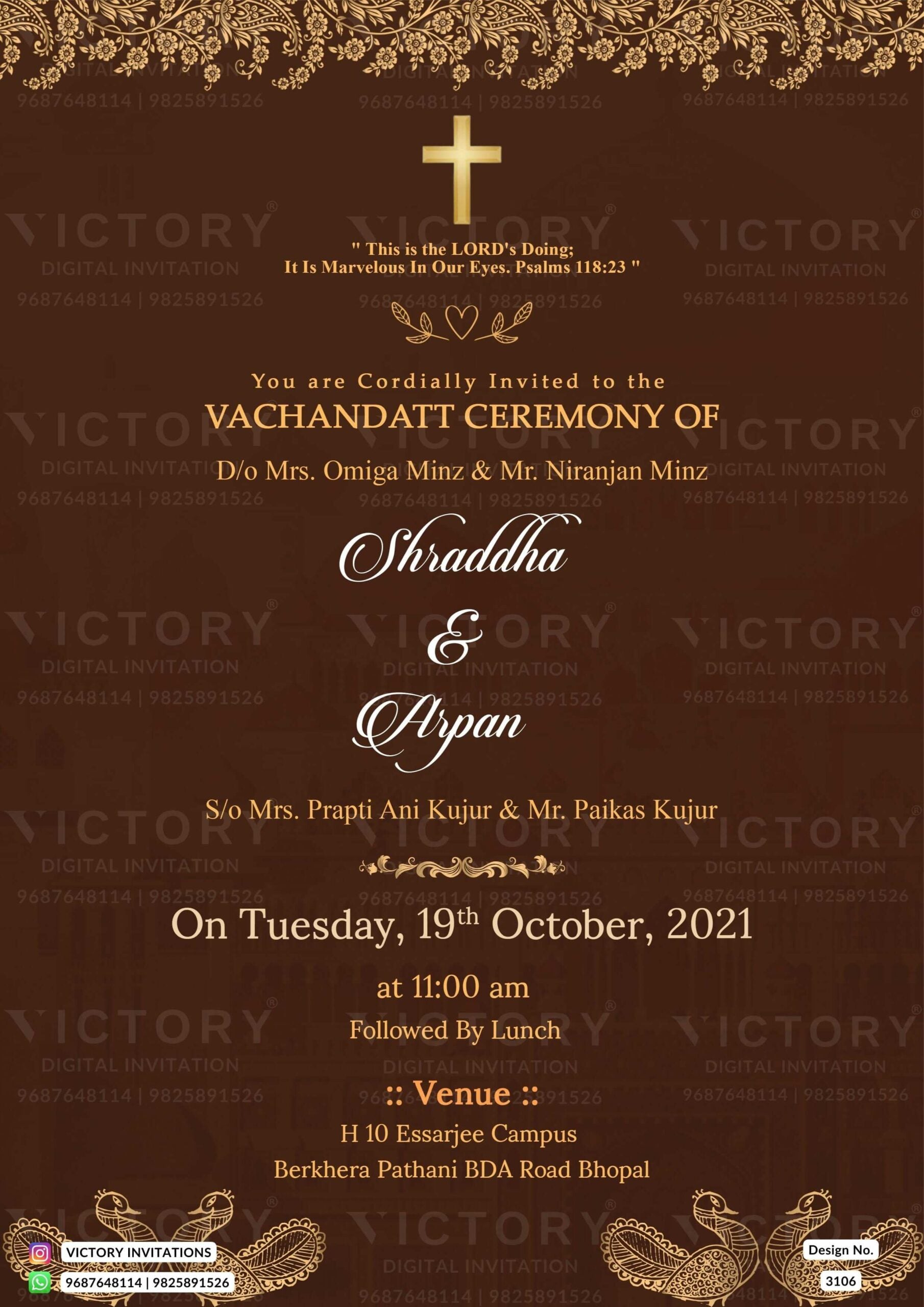 Vachandatt Ceremony invitation card in english language with christian cross symbol as minimalistic theme design 3106