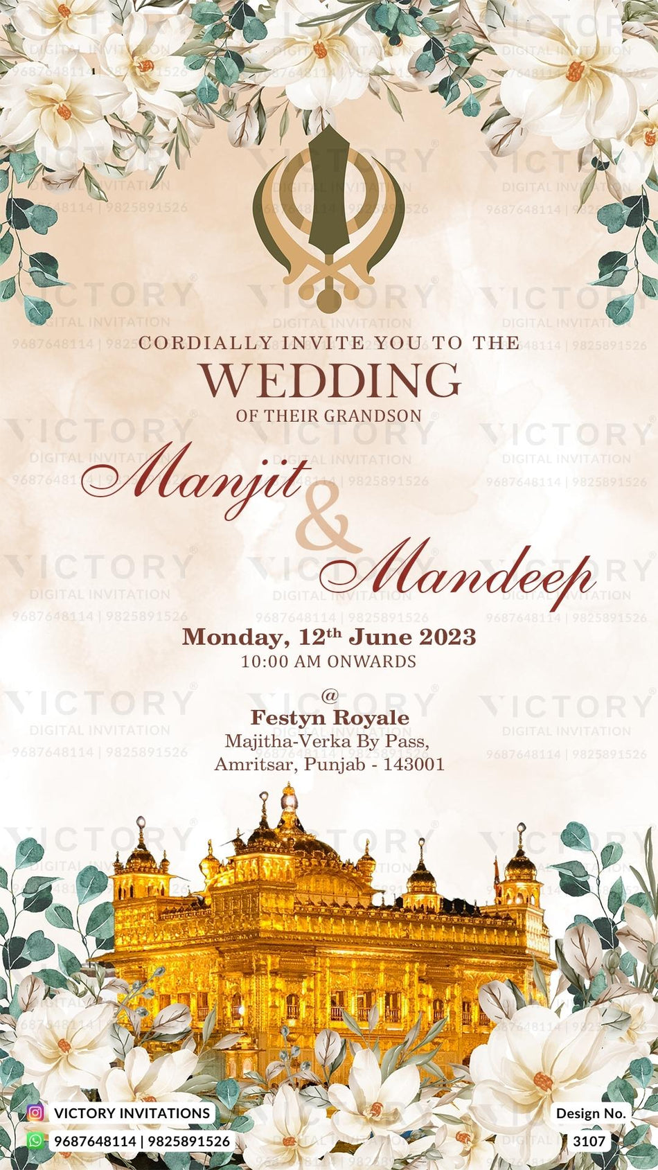 Wedding ceremony invitation card of hindu punjabi sikh family in English language with floral and temple theme design 3107