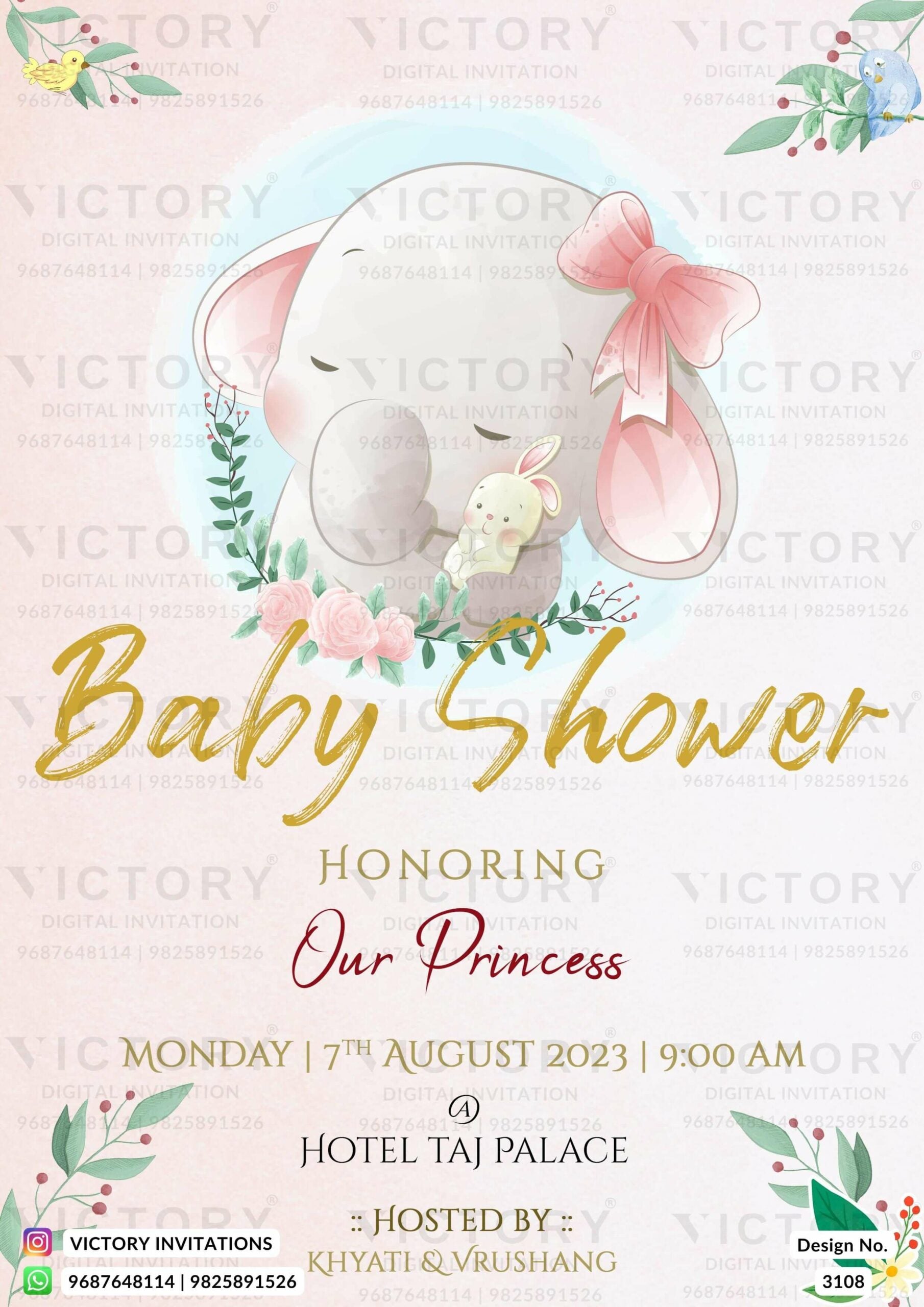 Baby Shower ceremony invitation card in english language with elephant, birds, leaves as cartoonish theme design 3108