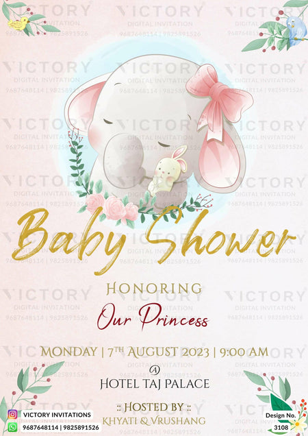 Baby Shower ceremony invitation card in english language with elephant, birds, leaves as cartoonish theme design 3108
