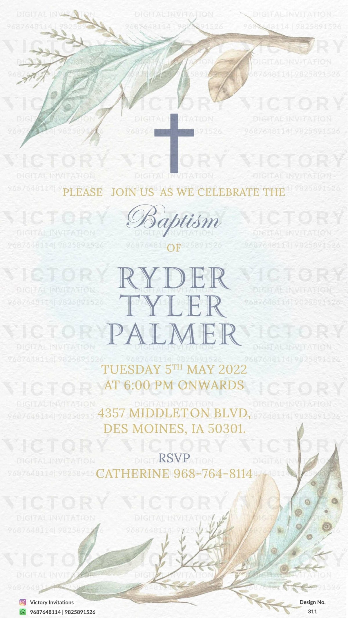 Baptism ceremony invitation card in english language with leaves as minimalistic theme design 311