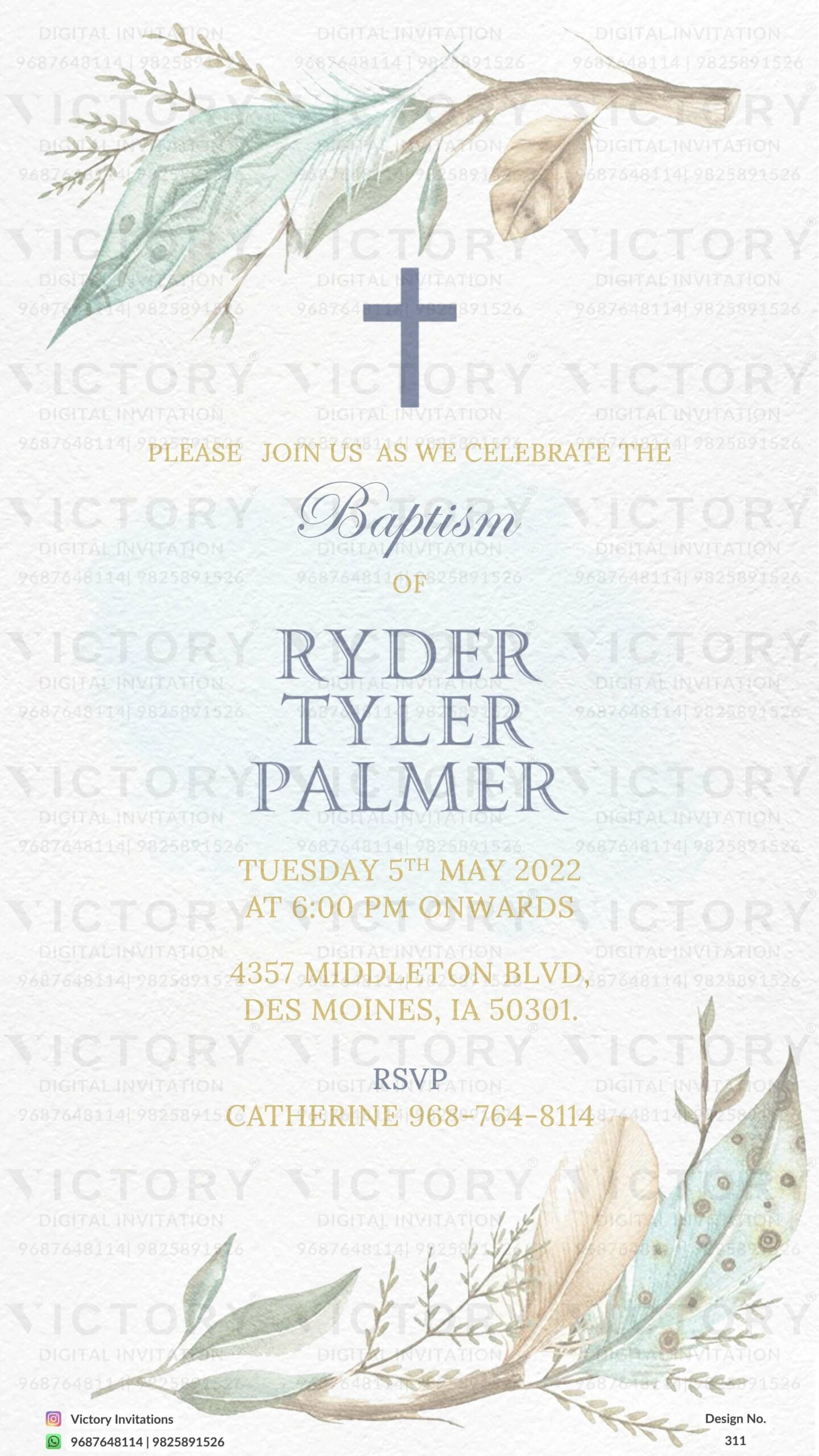 Baptism ceremony invitation card in english language with leaves as minimalistic theme design 311
