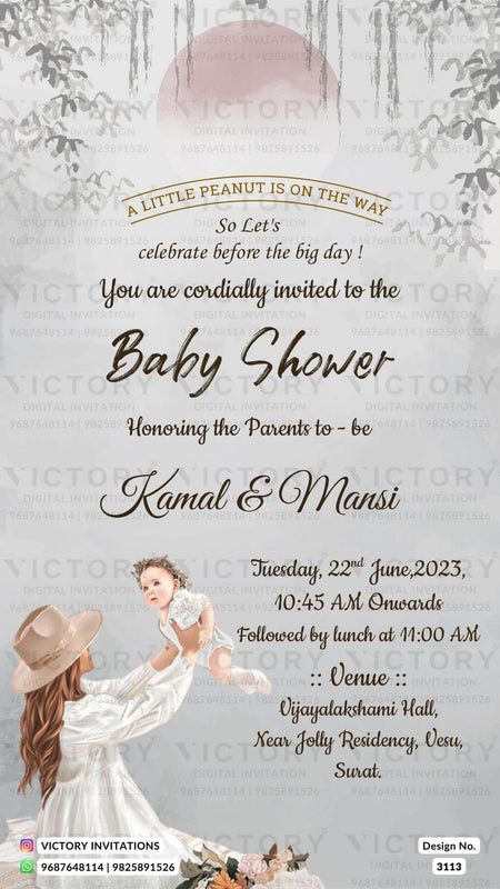 Baby Shower ceremony invitation card in english language with girl and baby doodle, moon as horror theme design 3113