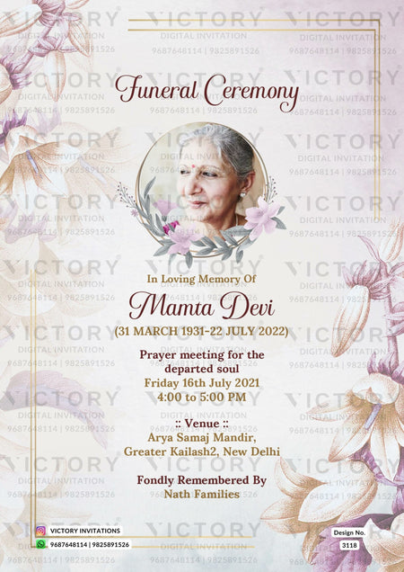 Funeral invitation card in english language with flowers as floral theme design 3118