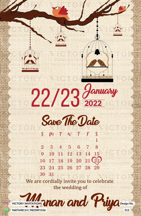 Save the Date card in english language with calendar as vintage theme design 312