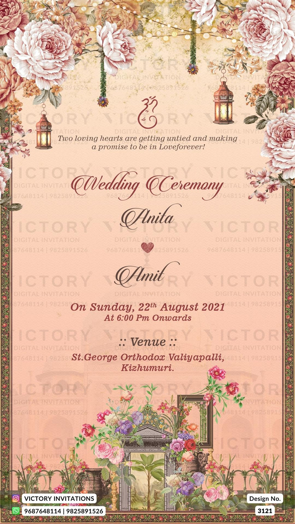 Wedding ceremony invitation card of hindu south indian malayali family in english language with vintage theme design 3121
