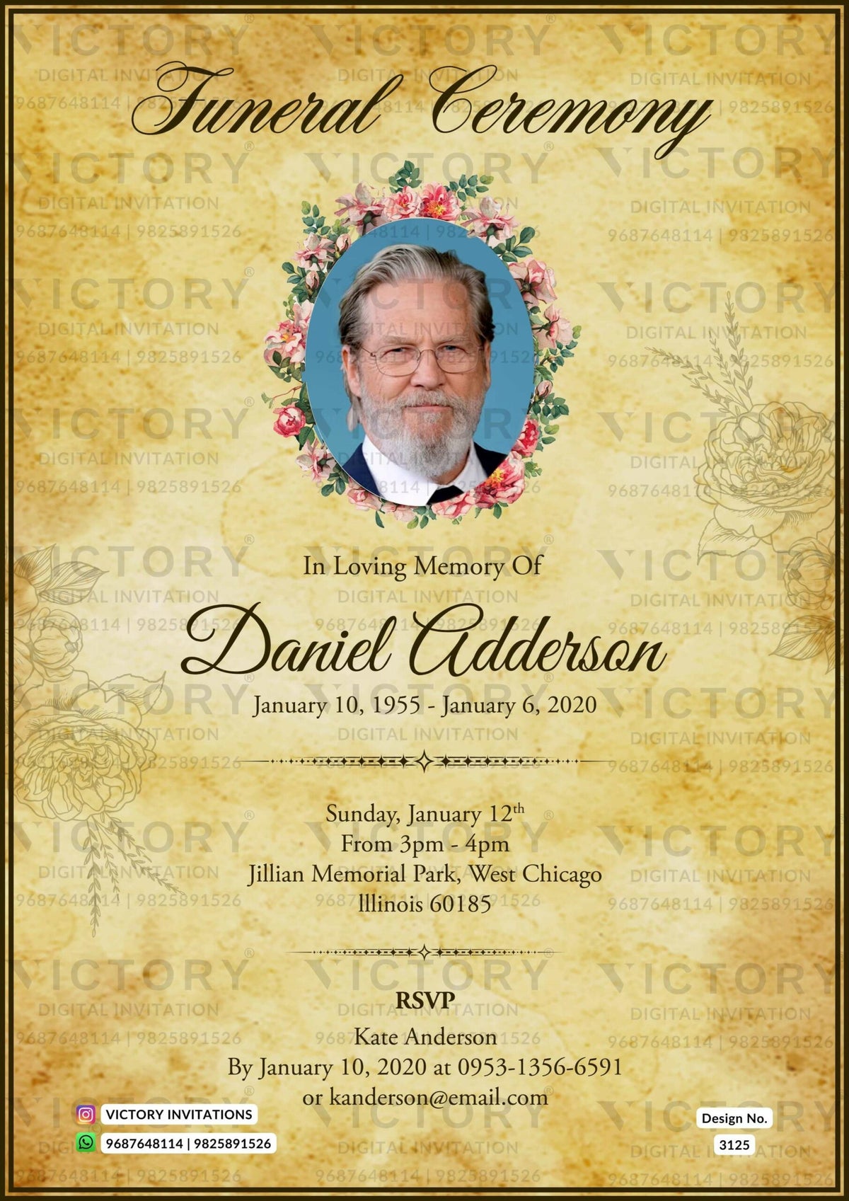 Funeral invitation card in english language with flowers as minimalistic theme design 3125
