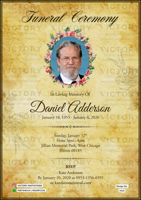 Funeral invitation card in english language with flowers as minimalistic theme design 3125